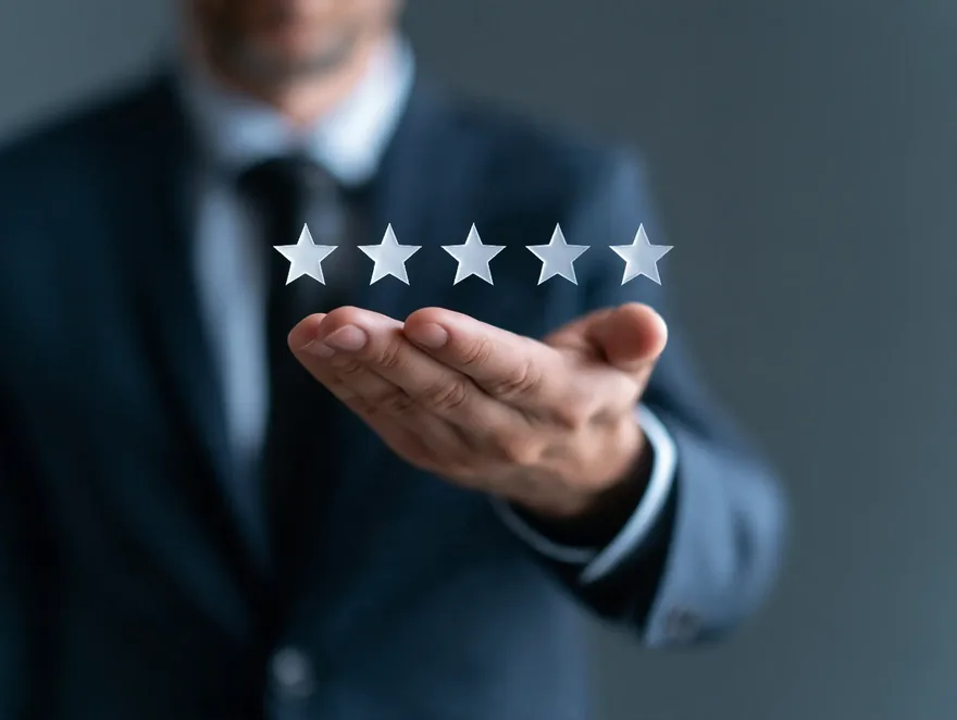 A business owner presenting five review stars in his hand